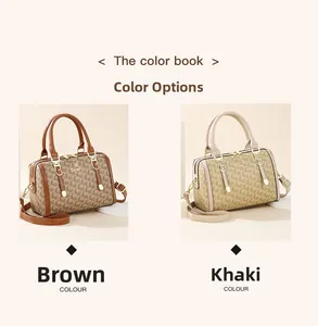 Detail view of monogram Boston bags in brown and khaki with dual handles and straps