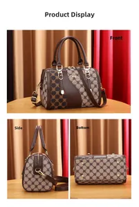 Detailed views of brown Boston handbag showing front, side profile, and studded bottom base