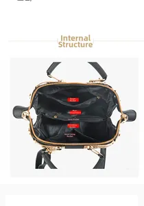 Top view of black leather handbag interior with multiple compartments and gold zippers