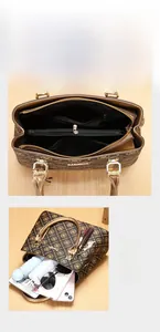 Grand sac fourre-tout marron imprimé montrant l'espace intérieur pour tablette et objets