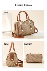 Multiple views showing the front, side and bottom of a brown logo pattern Boston handbag