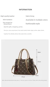 Vue détaillée du grand sac à main marron imprimé avec dimensions et poches intérieures