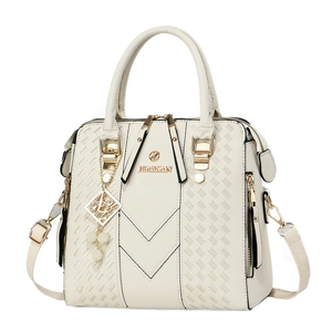 Cream white Boston bag with pearl pendant and textured faux leather surface