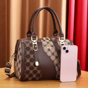 Boston style patchwork handbag in brown and beige with vintage monogram pattern
