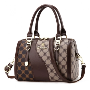 Classic vintage brown patchwork boston handbag with adjustable strap and golden hardware