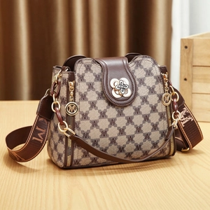 Sac Seau Rétro pour Femmes en Similicuir PU Imprimé Alphabet Sac à Main Avec Large Bandoulière en Tissu Marron