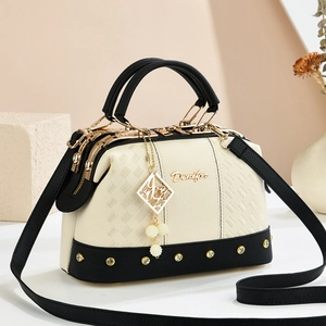 Women Elegant Litchi Texture PU Leather Handbag With Pearl Pendant Metal Studs Fashion Color Blocking Shoulder Crossbody Bag