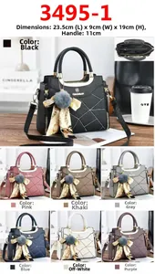 Detailed view of fashionable handbag dimensions 23.5x19x9cm with faux fur scarf charm