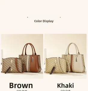 Detail of two-piece faux leather tote bag set with vintage letter print and tassel charms