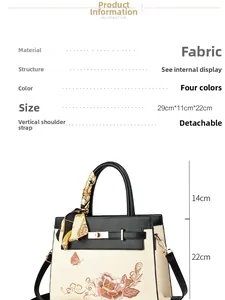 Détail du sac à main brodé avec texture de tissu et dimensions précises indiquées