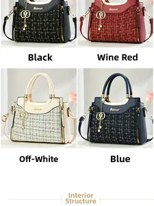 Detail view of woven pattern handbags in black, wine red, beige, and blue with pearl charm