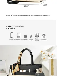 Plan détaillé des dimensions du sac à main noir et blanc avec longueur 29cm et capacité