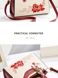 Close-up of red peony embroidery and silk scarf handle on this Chinese style bag