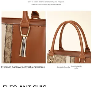 Close-up of golden D-ring hardware and brown lychee grain leather handles on a tote bag