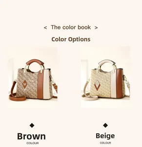Detail view of large tote bags in brown and beige colors with classic monogram patterns