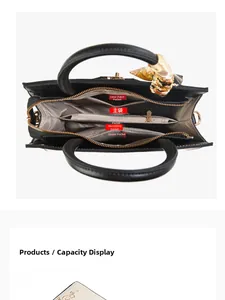 Vue de dessus du sac à main en cuir noir montrant les compartiments et le foulard décoratif