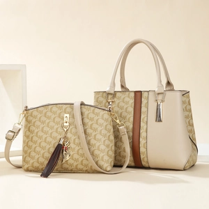 Women's Monogram PU Leather Handbag Tote And Crossbody Bag Set With Cat Pendant Tassel Urban Minimalist Shoulder Bag