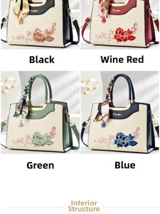 Detail view of four Chinese style embroidered handbags with floral peony patterns