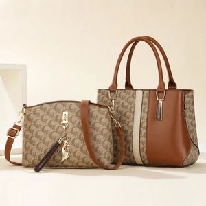 Brown monogram two-piece handbag set featuring a large tote and small crossbody bag