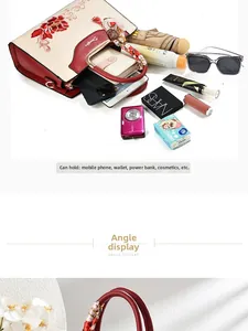 Top view of the spacious interior of an embroidered handbag holding daily essentials