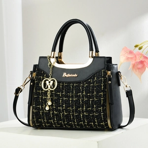 Women's Vintage Tweed Woven Handbag PU Leather Contrast Shoulder Crossbody Bag With Top Handle Artificial Pearl Pendant Elegant Satchel