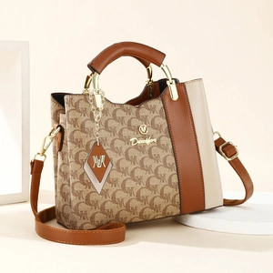 Women Retro Monogram Print Handbag PU Leather Splicing Shoulder Bag Fashion Large Capacity Crossbody Bag Office Daily