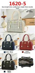 Detailed view of woven texture and premium leather trim on these Boston style handbags