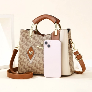 Brown monogram tote bag with leather trim and gold hardware in professional studio shot