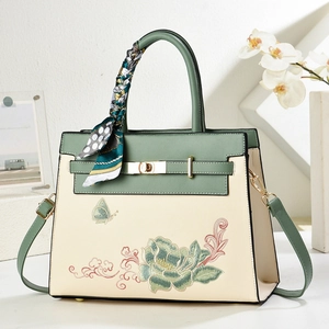 Sac à Main Femme Style Chinois Broderie Florale et Papillon Vintage en Cuir PU Sac à Bandoulière Poignée avec Foulard Fermoir en Métal