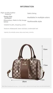 Detail showing Boston bag dimensions with monogram pattern and spacious interior capacity