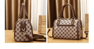 Detailed views of a vintage boston bag with brown trim and classic patterned canvas fabric