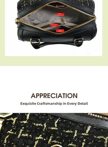 Detail view of black and gold tweed crossbody bag showing inner compartments and pockets