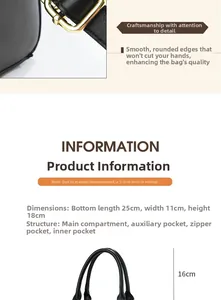 Detailed view of black leather handbag featuring interior pocket compartments and dimensions
