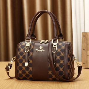 Classic brown Boston bag with letter print, golden logo and adjustable shoulder strap