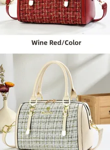 Detailed view of women's tweed boston bags in wine red and beige with gold hardware