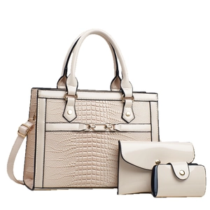 Elegant 3-piece cream tote bag set with crocodile texture and gold chain hardware