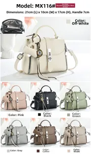 Detail view of compact crossbody bag showing dimensions and 7 color options