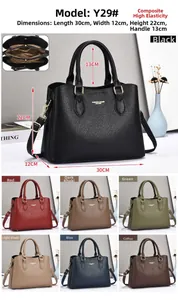 Multi-color handbag size chart and internal compartments view with seven available colors