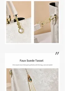 Detail van vintage bloemenreliëf op leer en goudkleurige hardware met kwastjeshanger