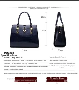 Detailed size chart for blue crocodile pattern tote bag with dimensions and capacity