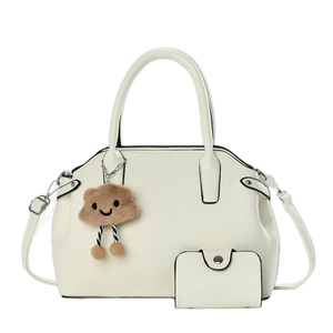Sac à main et bandoulière blanc cassé avec motif litchi, charm ours et petit porte-monnaie