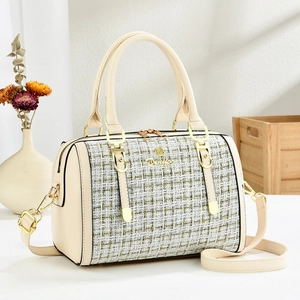Women Vintage Tweed Patchwork Boston Bag PU Leather Handbag Gold Hardware Shoulder Crossbody Bag Wedding Party Satchel
