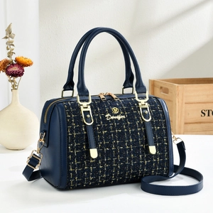Navy blue Boston style handbag with tweed texture and gold hardware for women