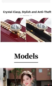 Detailed close-up of octagonal rhinestone closure on burgundy patent leather handbag