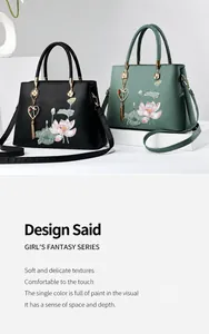 Detail of elegant lotus embroidery on premium leather handbag with heart pendant