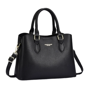 Large capacity black lychee pattern leather handbag with gold hardware and shoulder strap