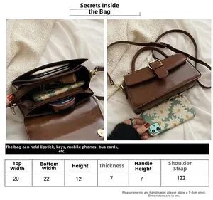 Detailed size chart and dimensions for the vintage brown leather shoulder bag