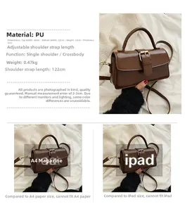 Detail view of brown PU leather handbag featuring magnetic closure and dimensions