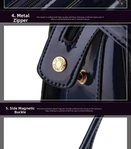 Detailed close-up of hardware zipper and side magnetic snap on the dark blue bag