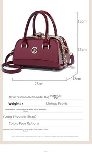 Detail view of burgundy shiny PU leather bag with dimensions 23x13x13cm and W logo